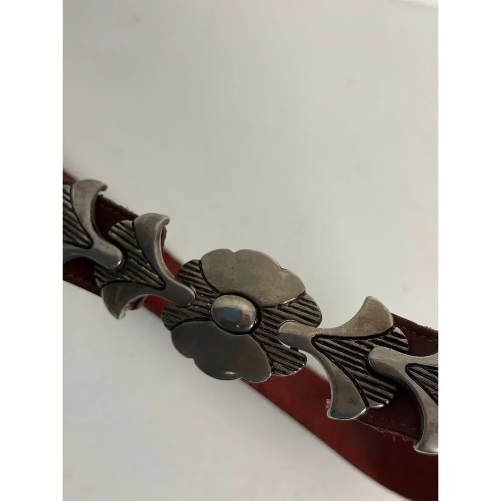 Vintage 80s Italian Leather Belt Silver Floral Concho MOD DEP Boho Western